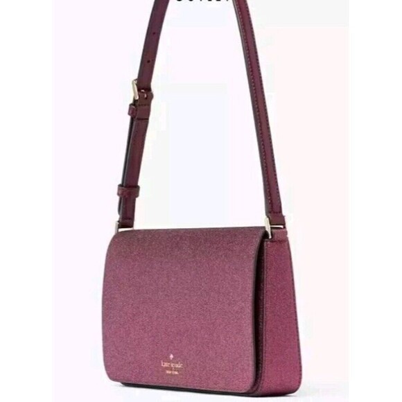 Kate Spade Smooth Glitter Tinsel Flap Shoulder Bag  Deep Berry Magenta Purse - Picture 1 of 16